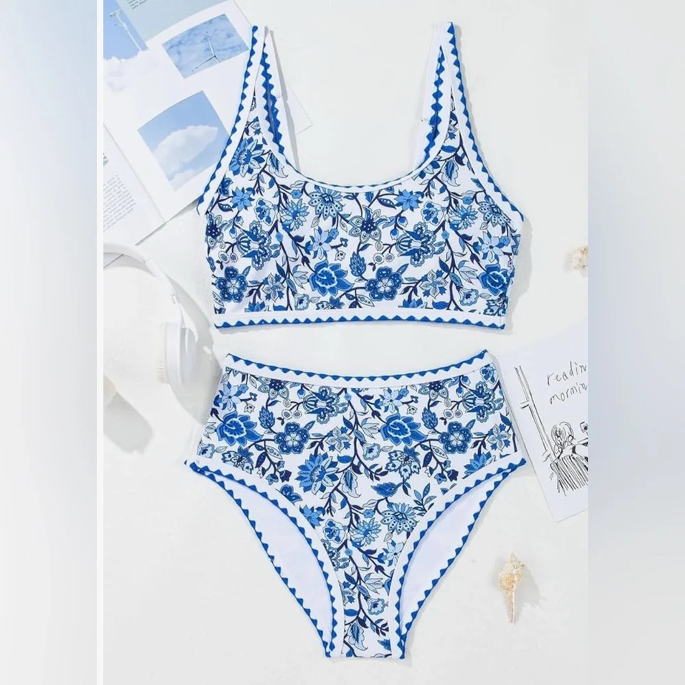 Women’s Bikini Blue Floral Whip Stitch 2 Piece
High Waisted Scoop Bathing Suits - Picture 7 of 9
